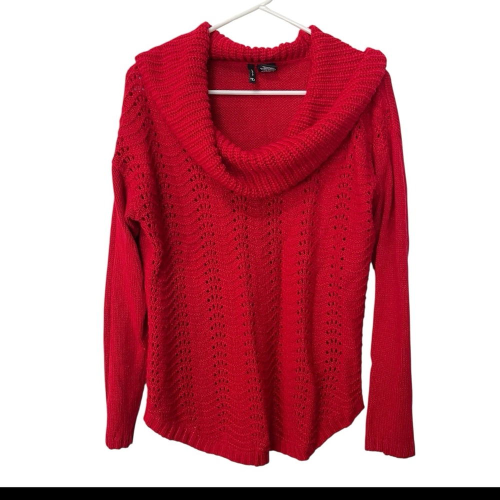 New Directions Large Red Sweater Cowl Neck Pointelle Knit Long Sleeve Stretch